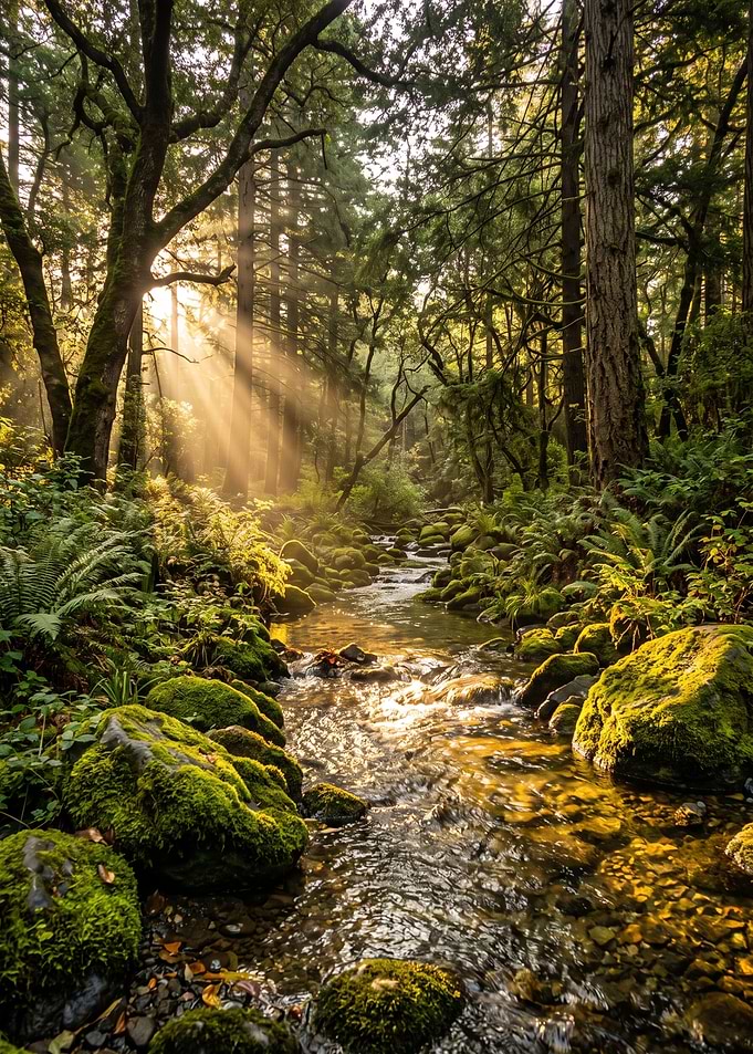 Sunlit Forest Stream with Mossy Rocks