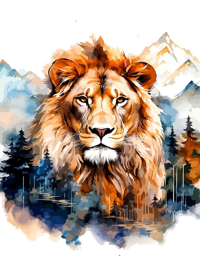 Majestic Lion Portrait with Mountain Landscape