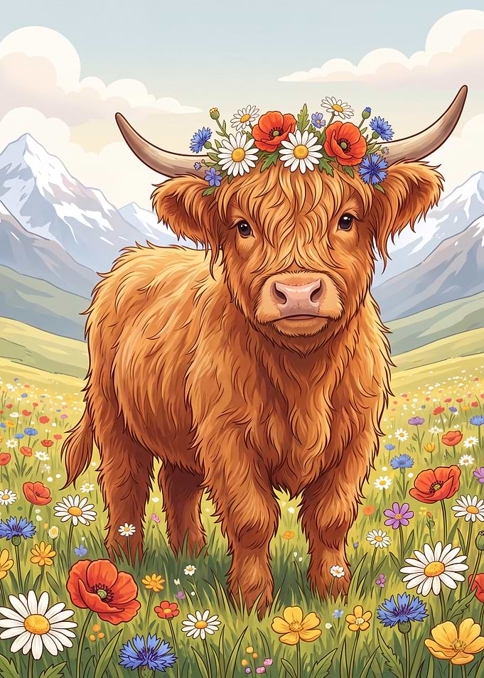 Cute Highland Cow in Flower Meadow