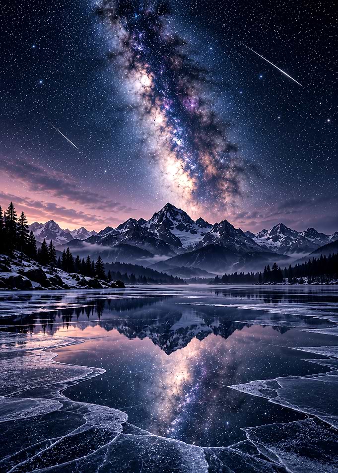 Milky Way Over Frozen Mountain Lake