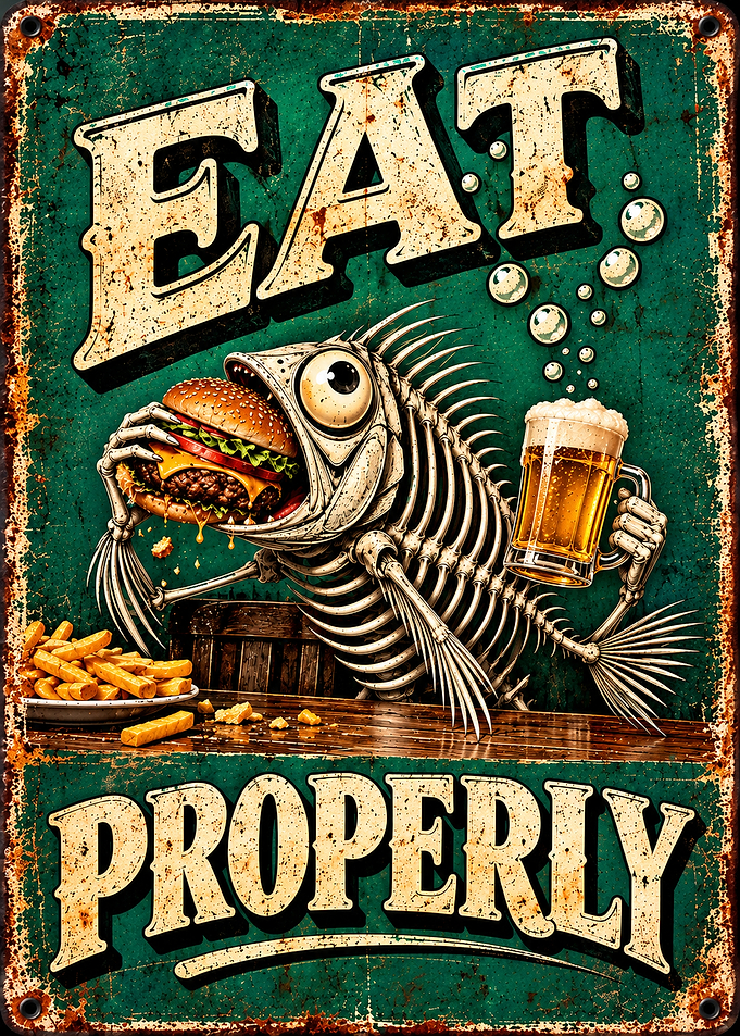 Eat Properly Fish Skeleton Metal Sign