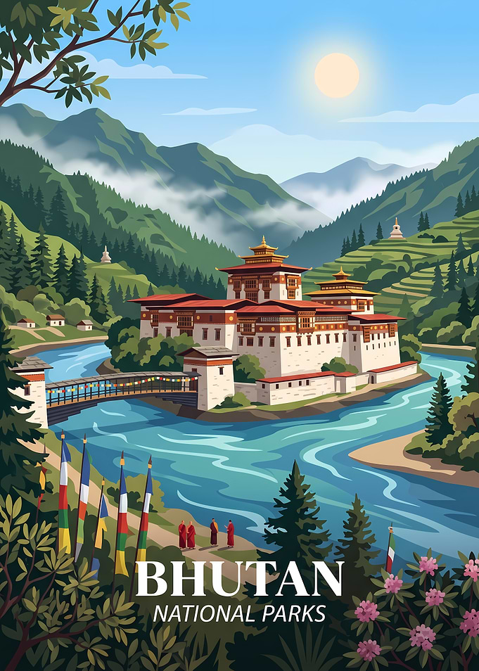 Bhutan National Parks Travel Poster