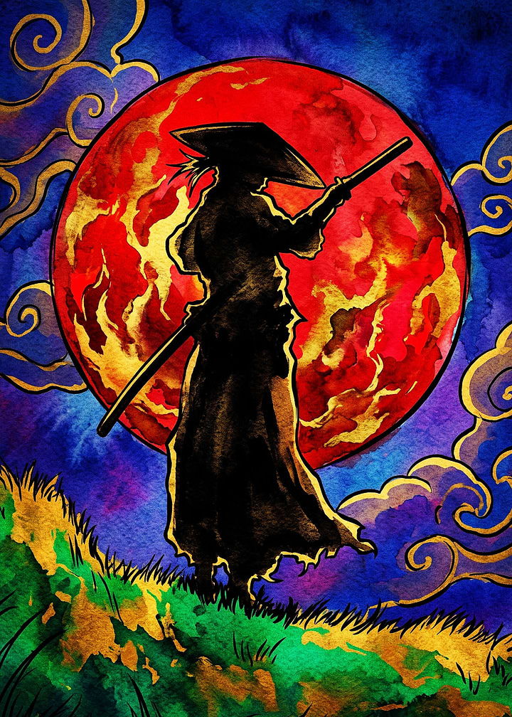Samurai Silhouette Against Red Moon
