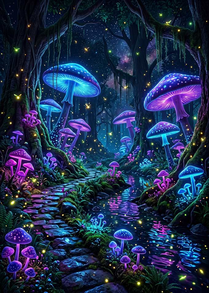 Enchanted Glowing Mushroom Forest Path