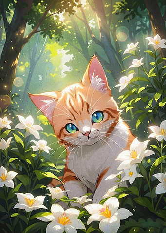 Forest Cat Floral Fantasy Art