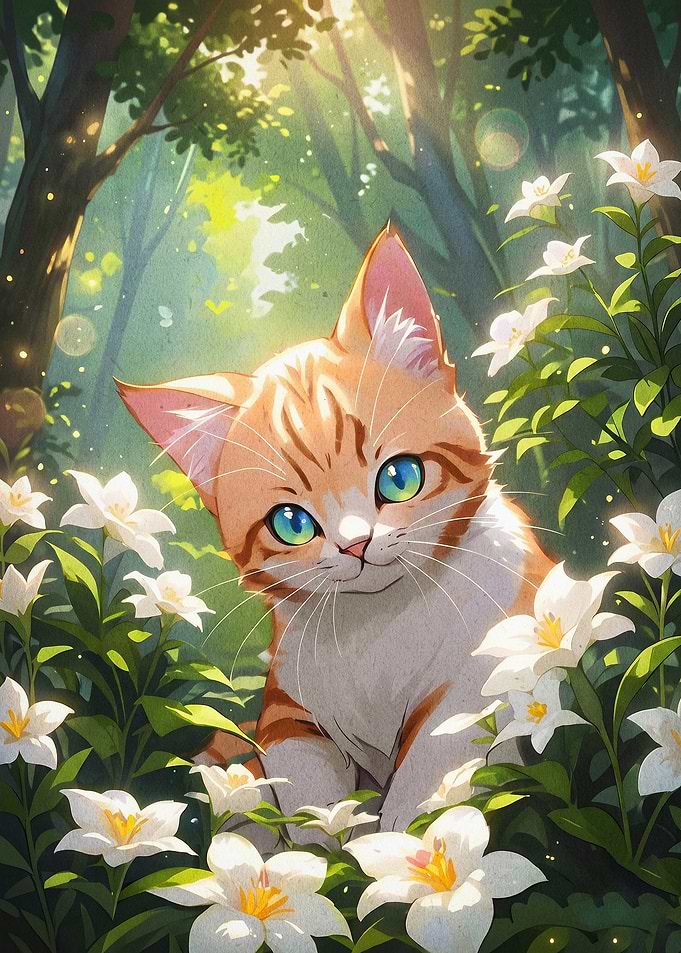Forest Cat Floral Fantasy Art