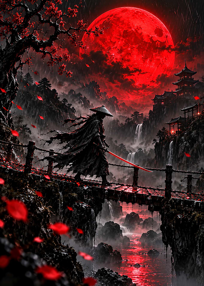 Samurai Crossing Bridge Under Red Moon