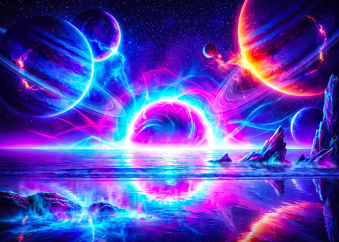 Neon Cosmic Landscape with Glowing Planets