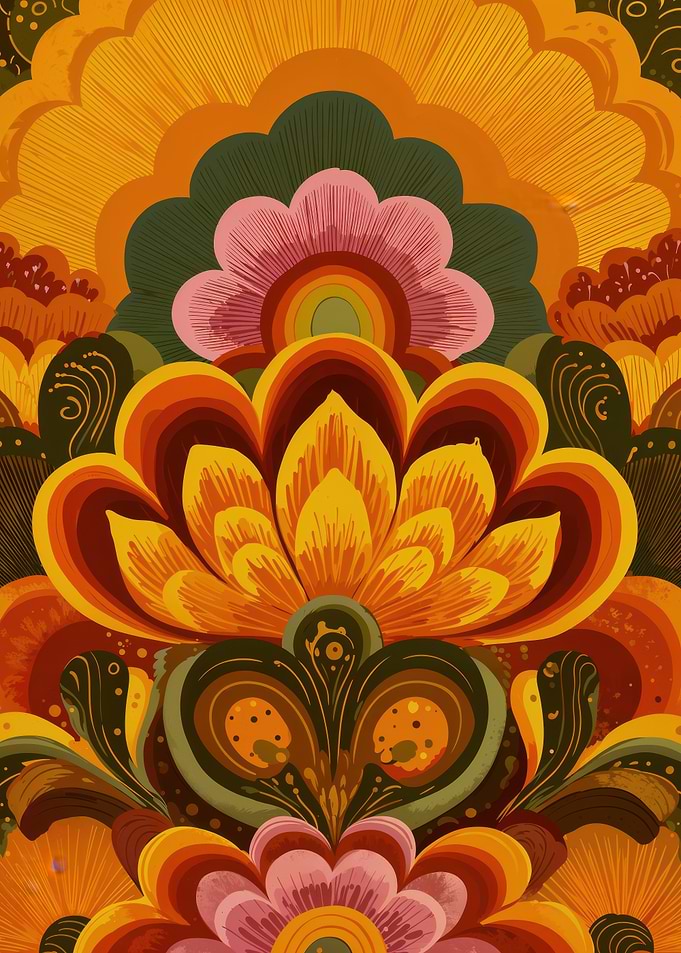 Retro Psychedelic Flowers In Golden Paisley Patterns