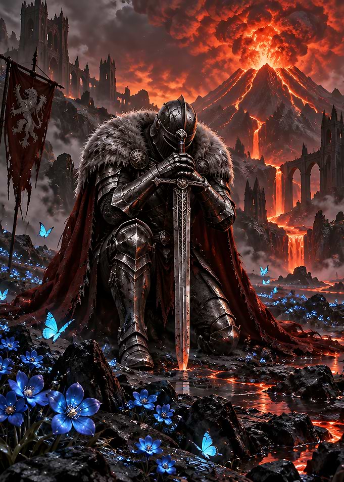 Knight Kneeling Before Volcanic Landscape