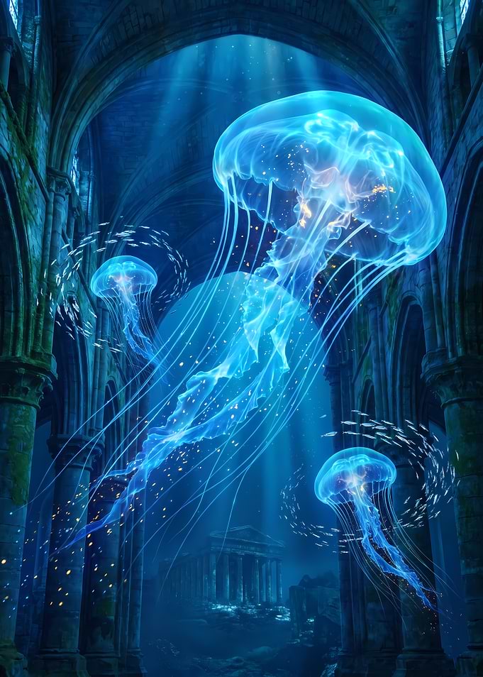 Bioluminescent Jellyfish in Sunken Cathedral