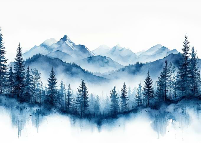 Blue Watercolor Mountain Forest Landscape