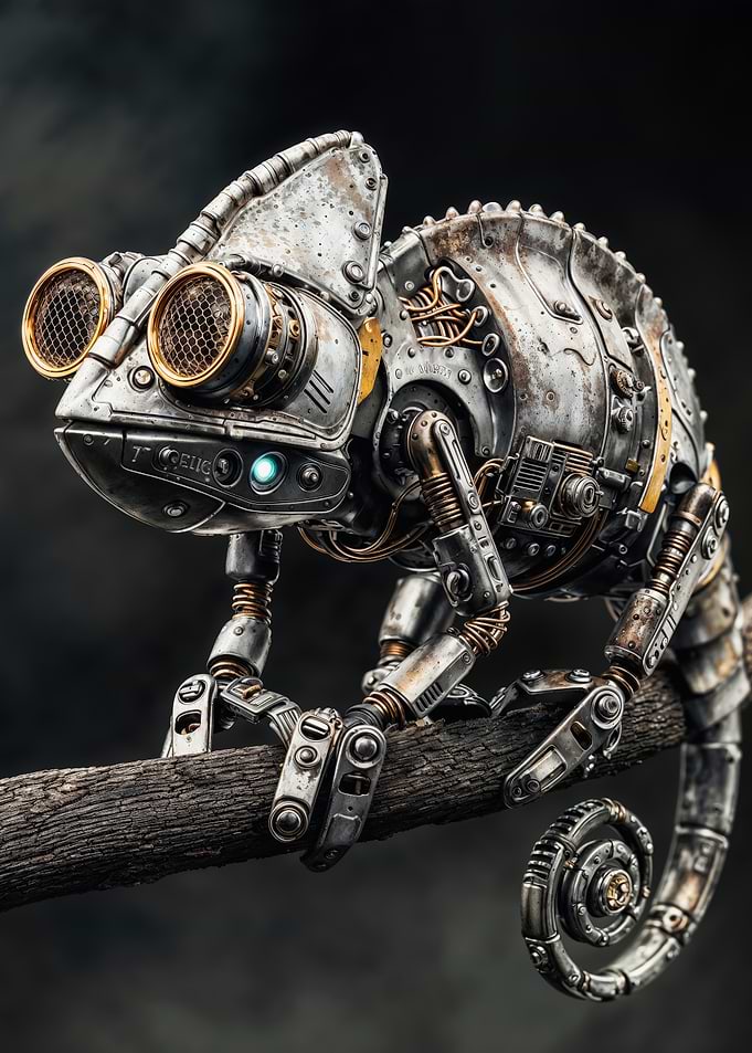 Steampunk Mechanical Chameleon Climbing On Tree Branch