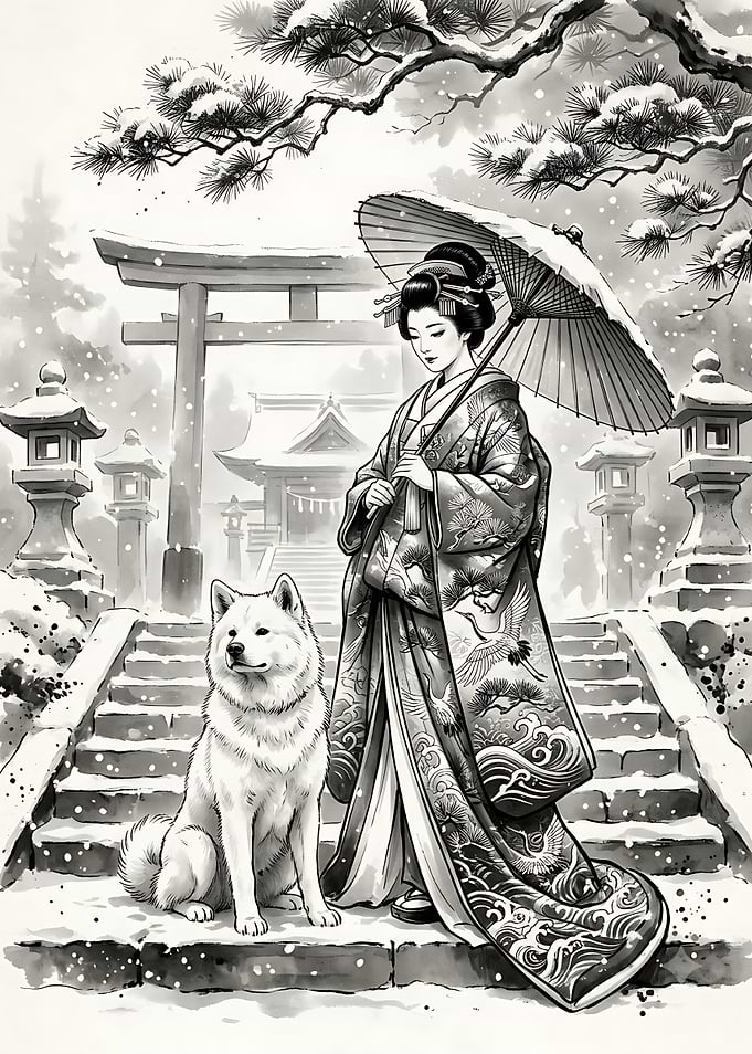 Geisha and Akita in Winter Shrine