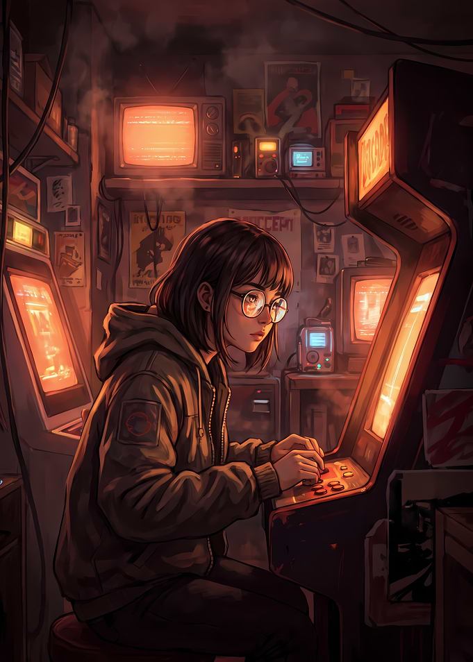 Girl Playing Retro Arcade Game