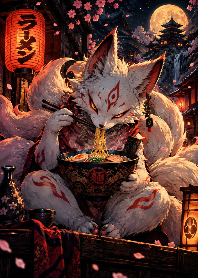 Kitsune Fox Eating Ramen at Night