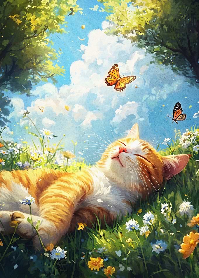 Cat Butterfly Meadow Sunny Art