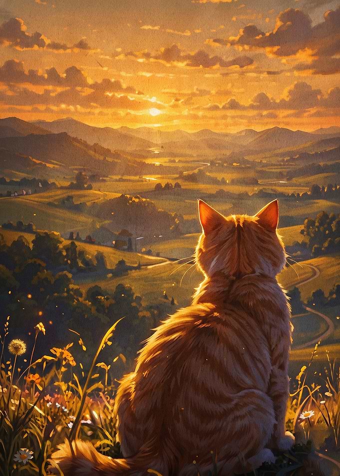 Cat Sunset Valley Landscape Art