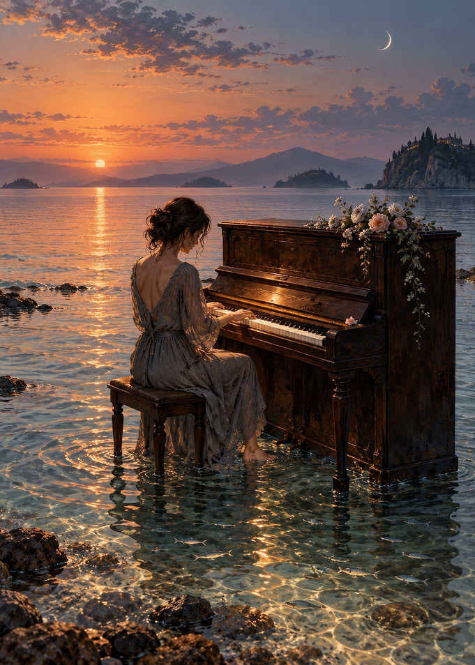 Woman Playing Piano in Ocean Sunset