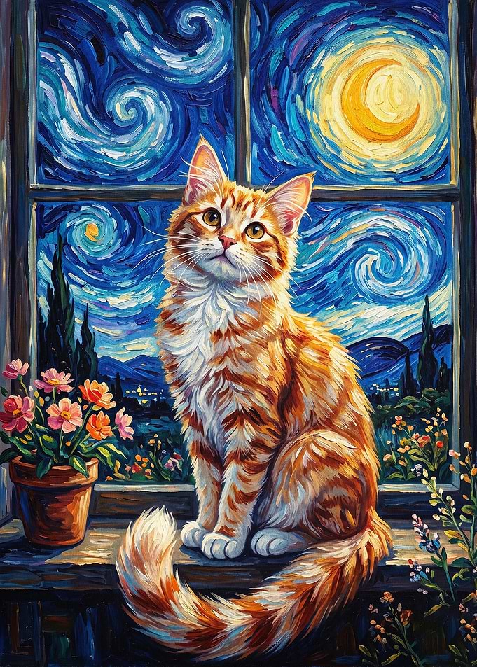 Starry Cat Night Window Art