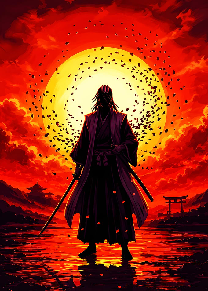 Samurai Silhouette Against Red Sunset