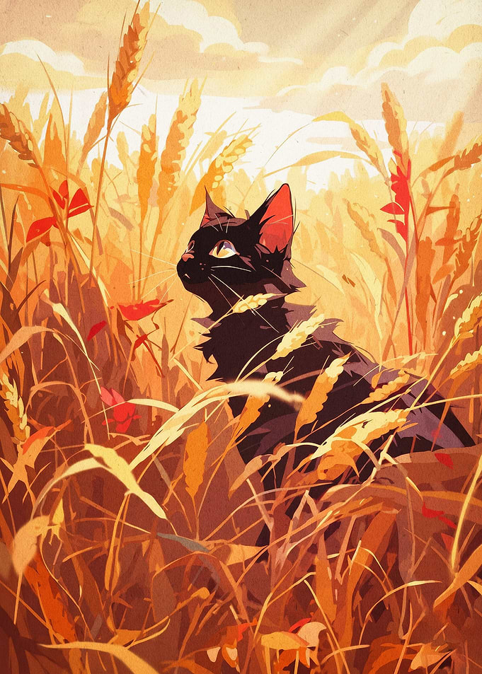 Black Cat Wheat Field Autumn Art