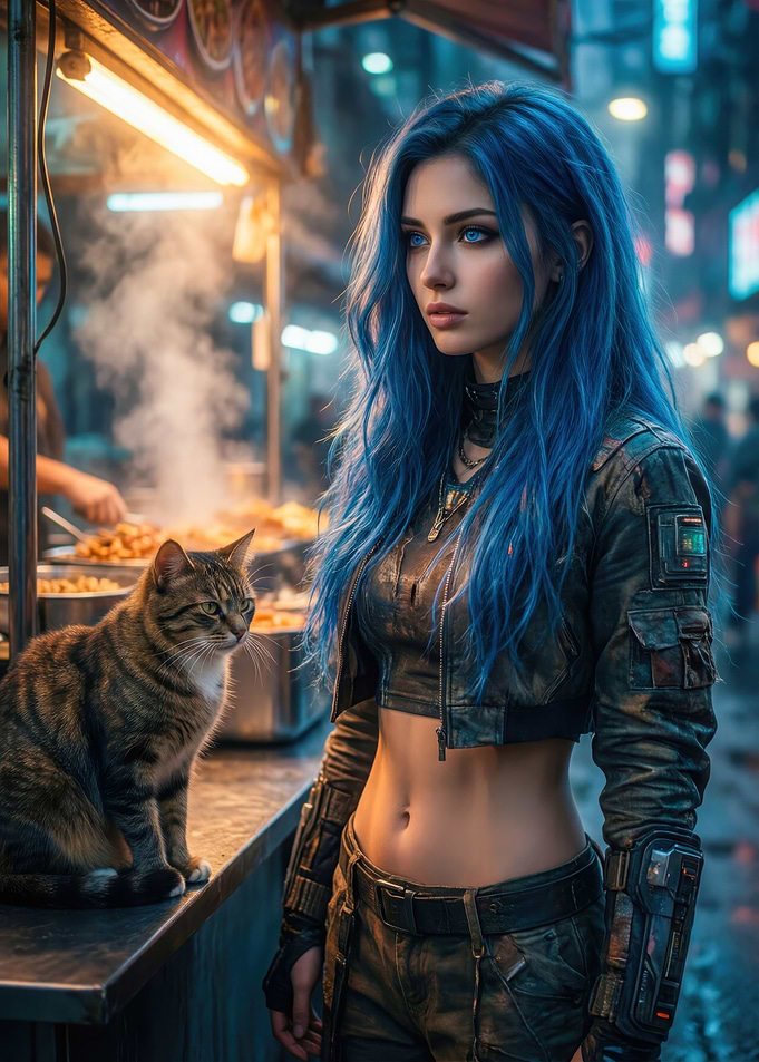 Cyberpunk Girl with Cat at Street Stall