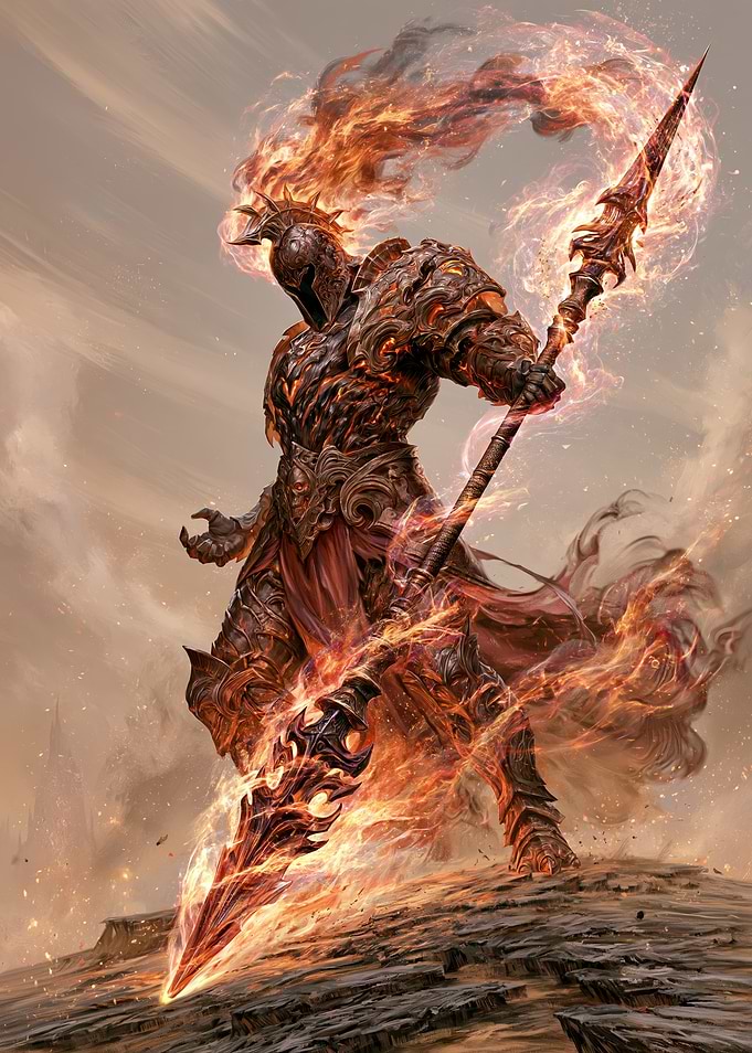 Fiery Armored Warrior with Flaming Spear