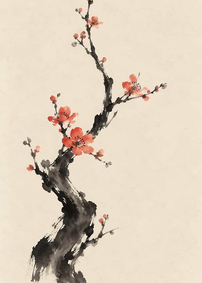 Traditional Ink Wash Plum Blossom Painting