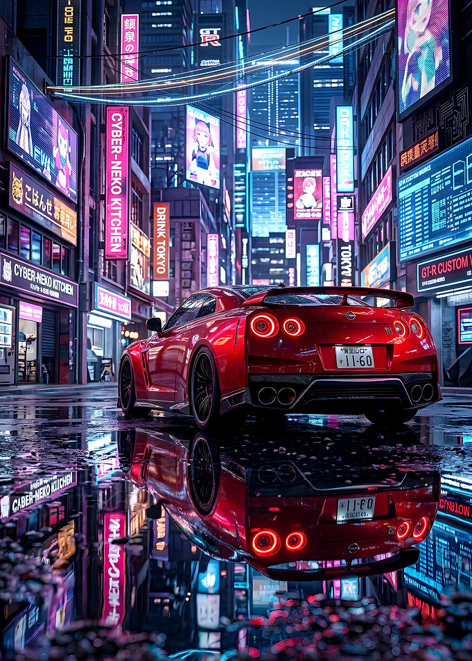 Red Nissan GT-R in Cyberpunk City