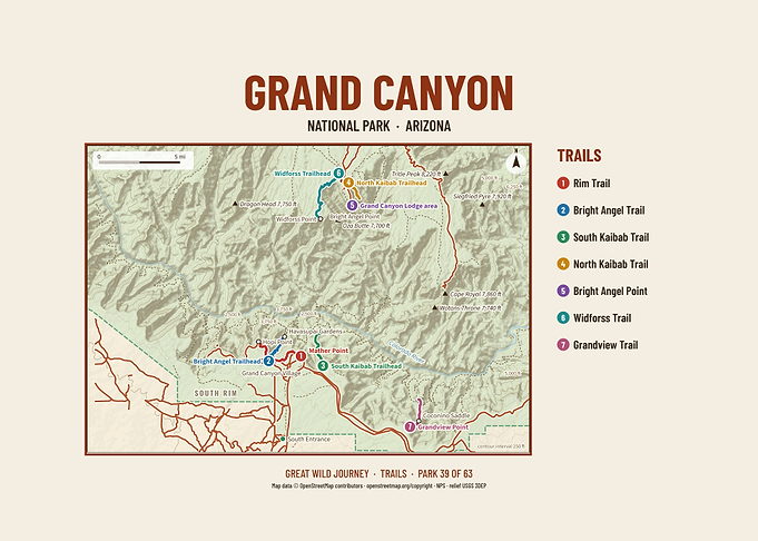 Grand Canyon National Park Hiking Trail Map