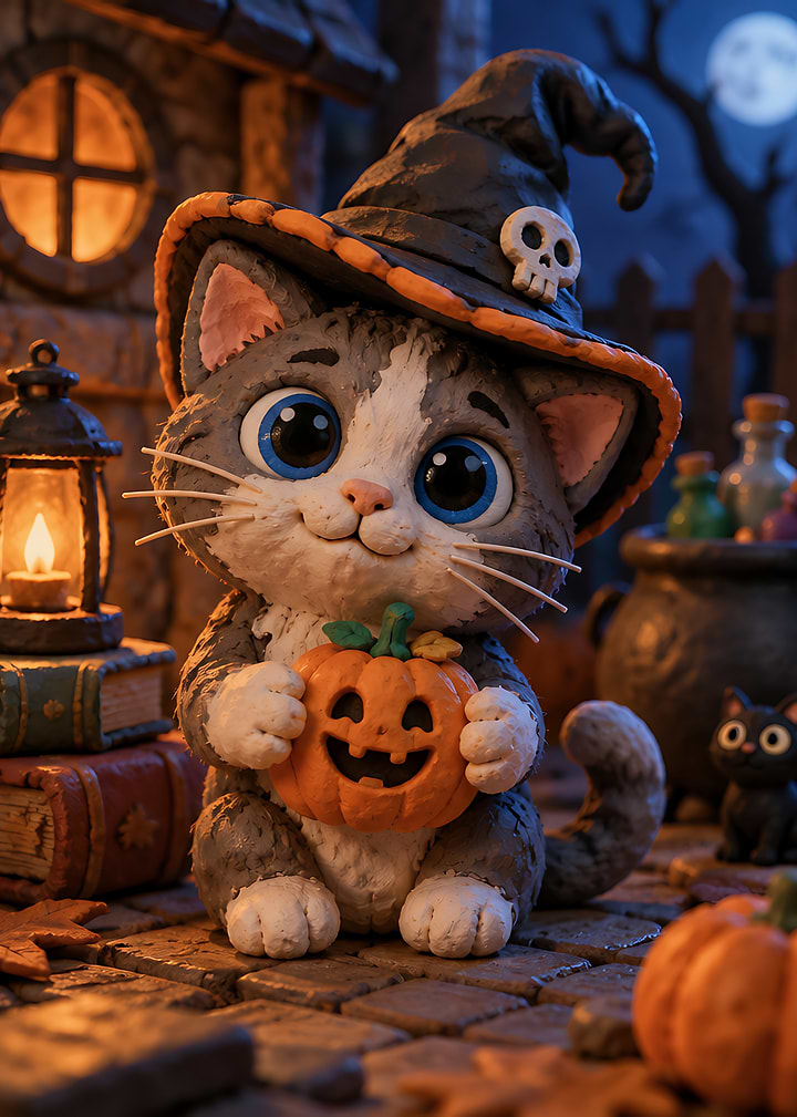 Cute Clay Style Halloween Witch Cat