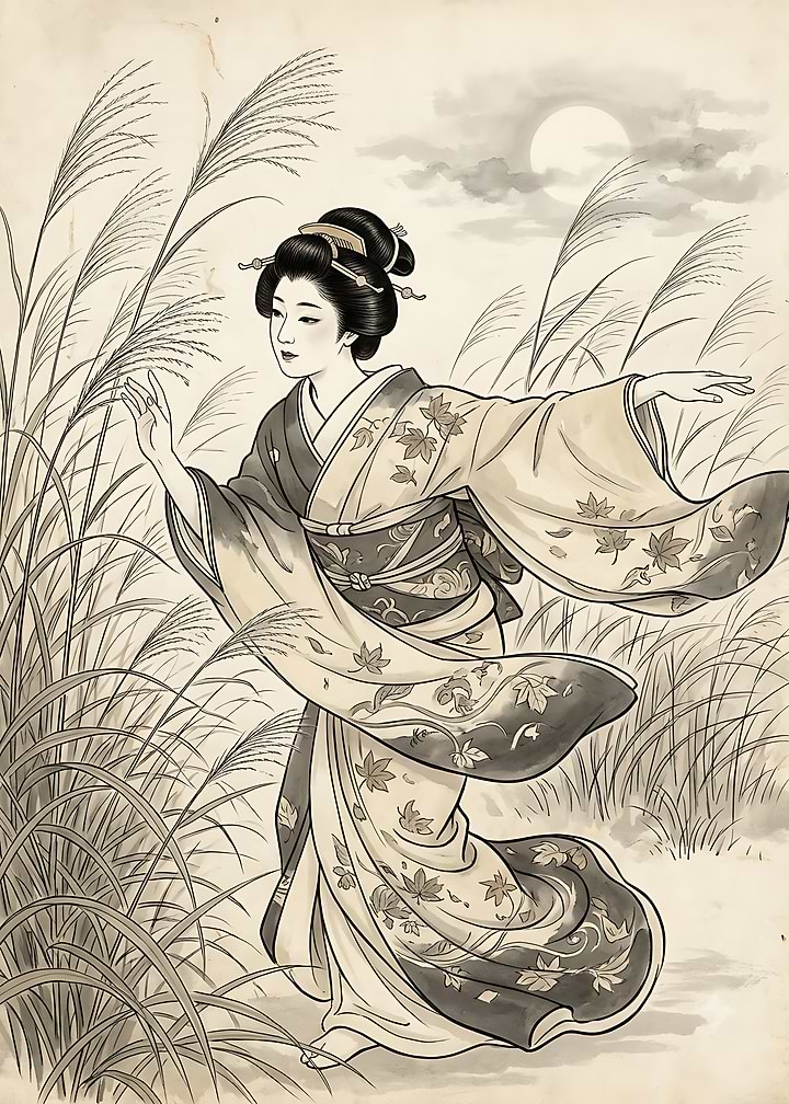 Geisha in Autumn Grass Field