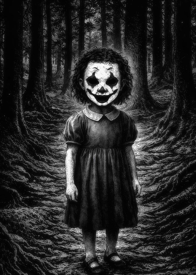 Creepy Clown Girl in Dark Forest