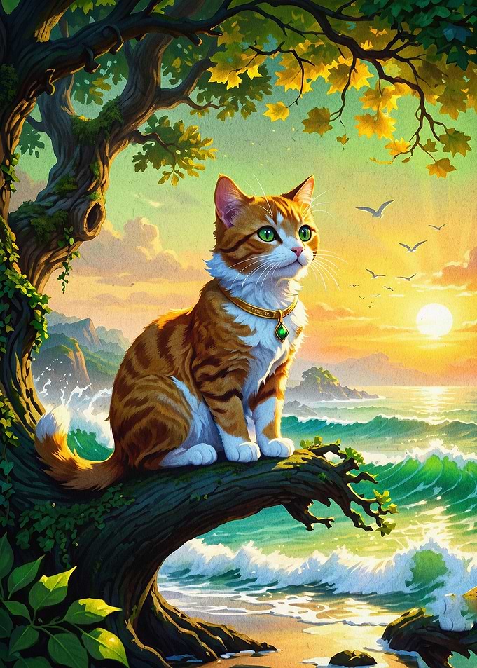 Cat Coastal Sunset Fantasy Art