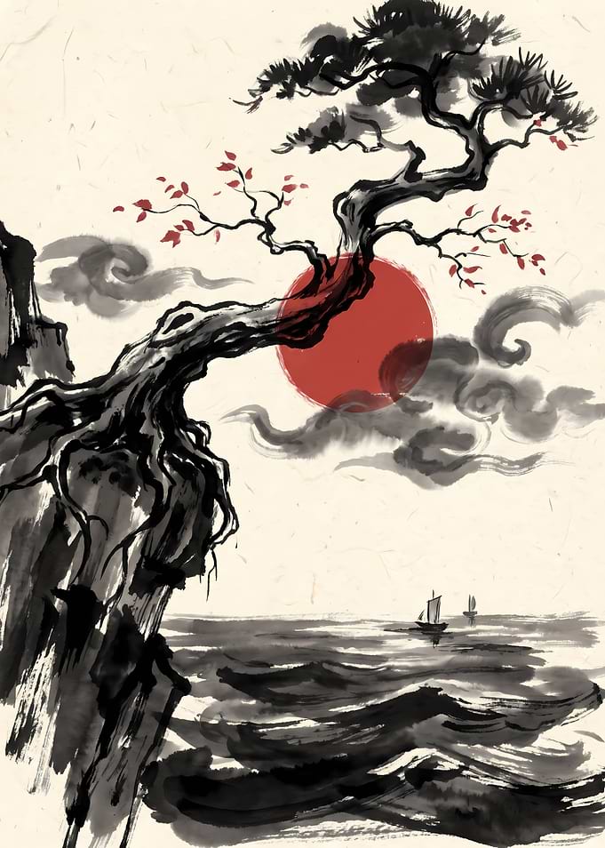 Sumi-e Style Pine Tree and Sun