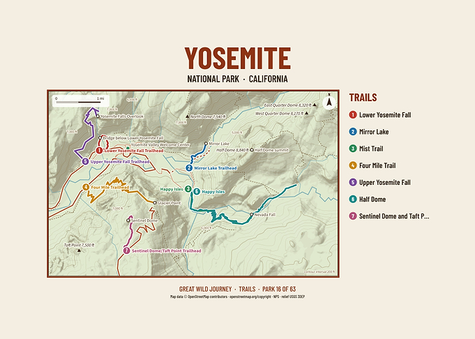 Yosemite National Park Hiking Trail Map