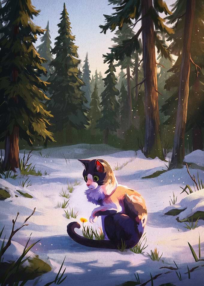 Cat Snow Forest Winter Art Poster