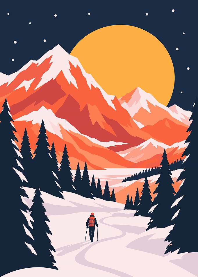 Hiker in Snowy Mountain Landscape