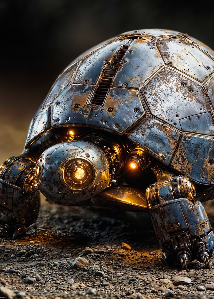 Steampunk Mechanical Turtle With Glowing Amber Eyes