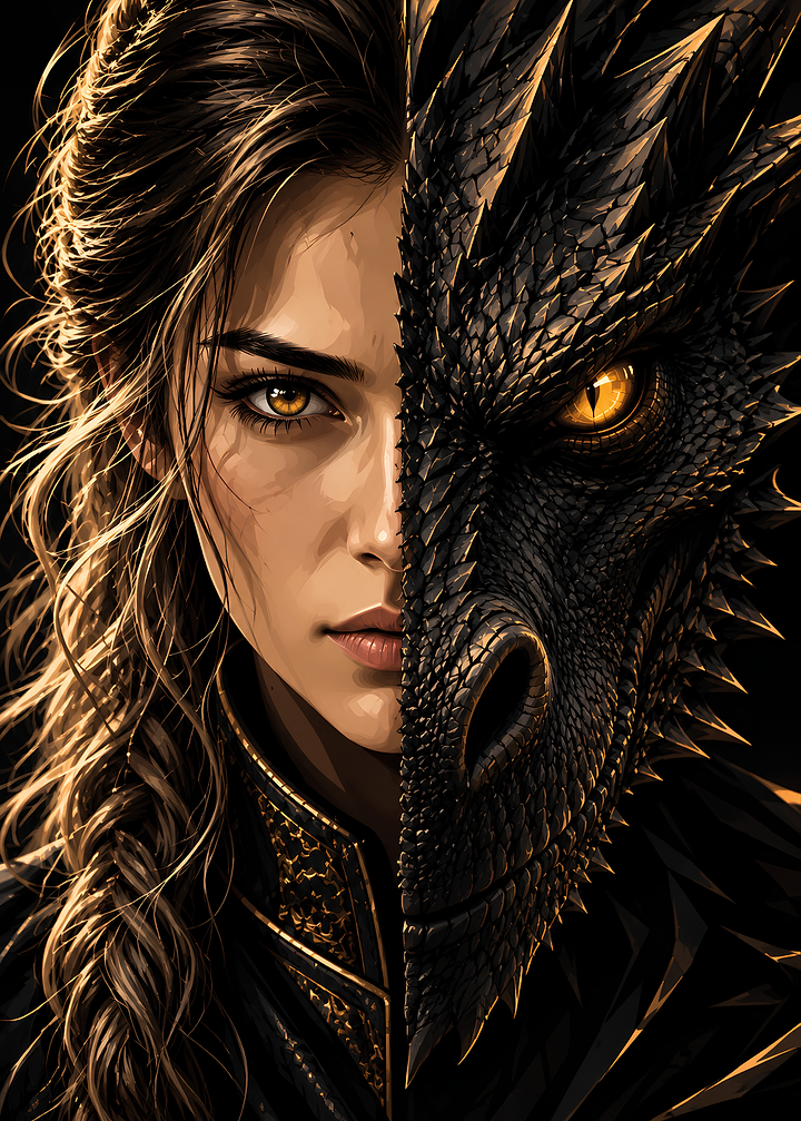 Woman and Dragon Split Face Portrait