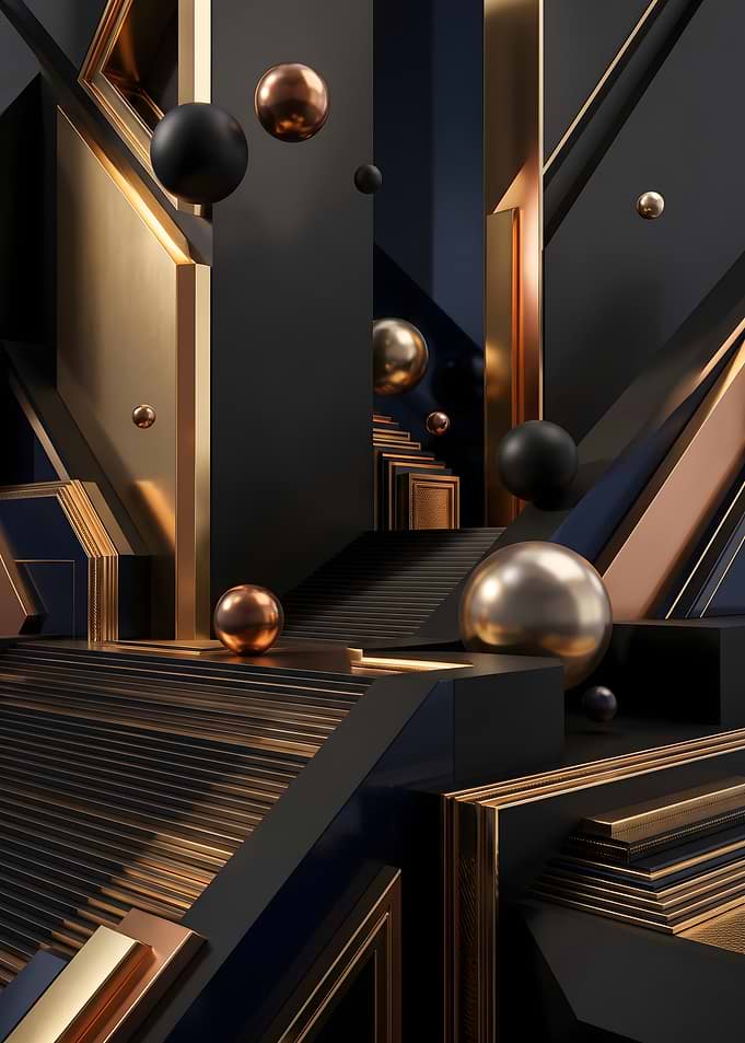 Abstract Geometric Staircase with Floating Spheres