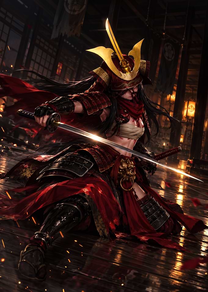 Female Samurai Warrior in Red Armor