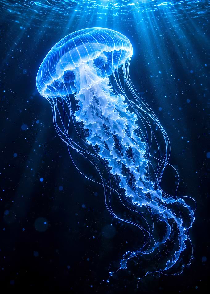 Glowing Bioluminescent Jellyfish in Deep Ocean