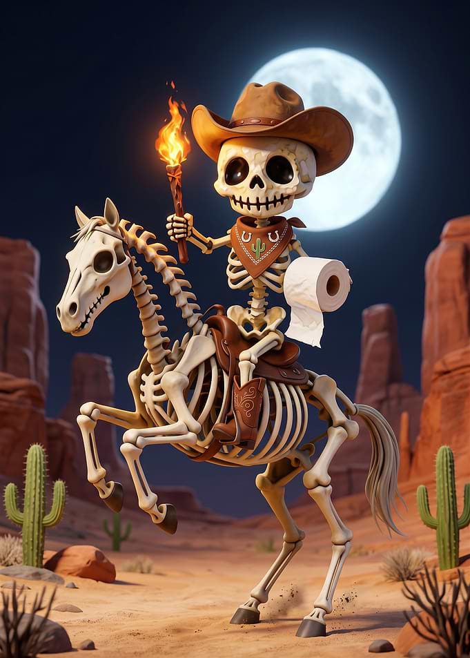 Funny Skeleton Cowboy Riding Horse