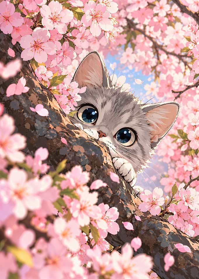 Cute Kitten in Cherry Blossom Tree