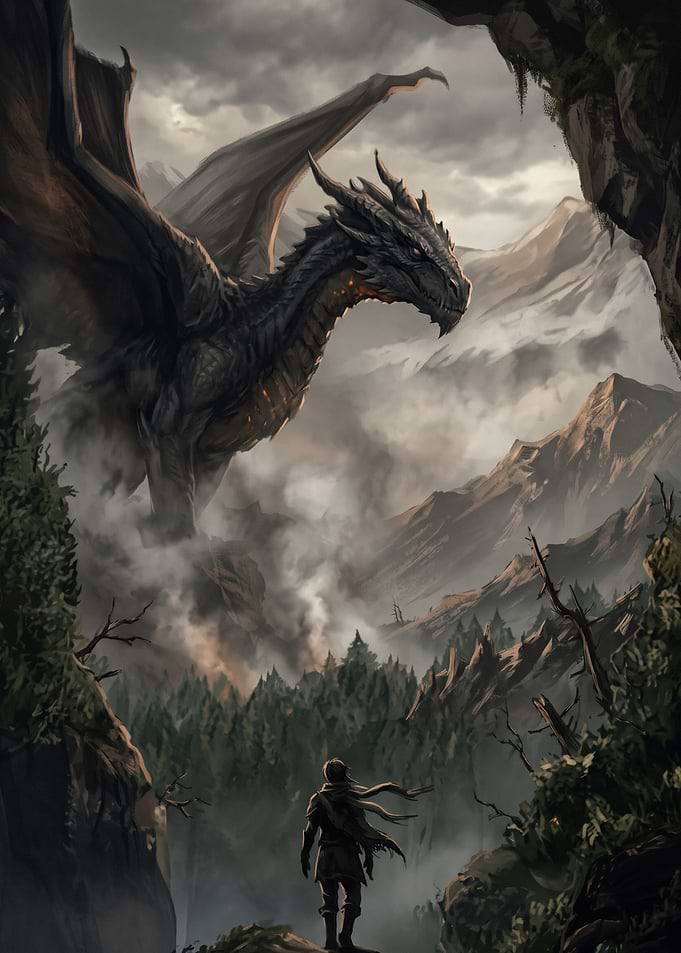 Lone Traveler Facing a Great Dragon