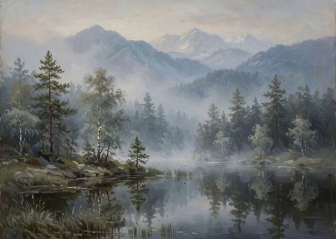 Misty Mountain Lake Landscape Painting