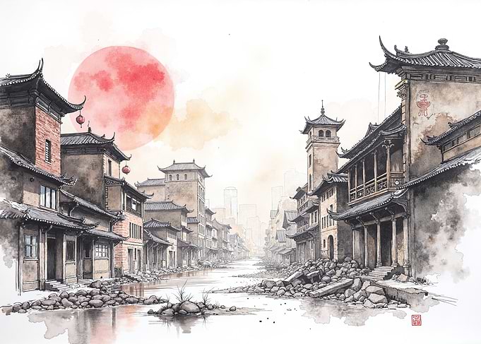 Watercolor painting of ancient Chinese street