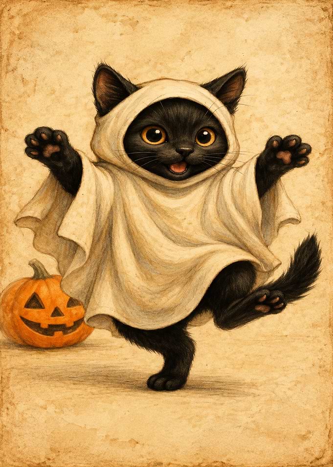 Cute Black Cat Ghost Halloween Illustration
